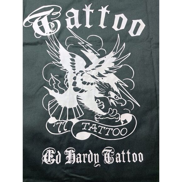 Ed Hardy Men's Button Short Sleeve Army Green‎ Shirt Tiger Eagle Tattoo M NWT - Picture 1 of 7
